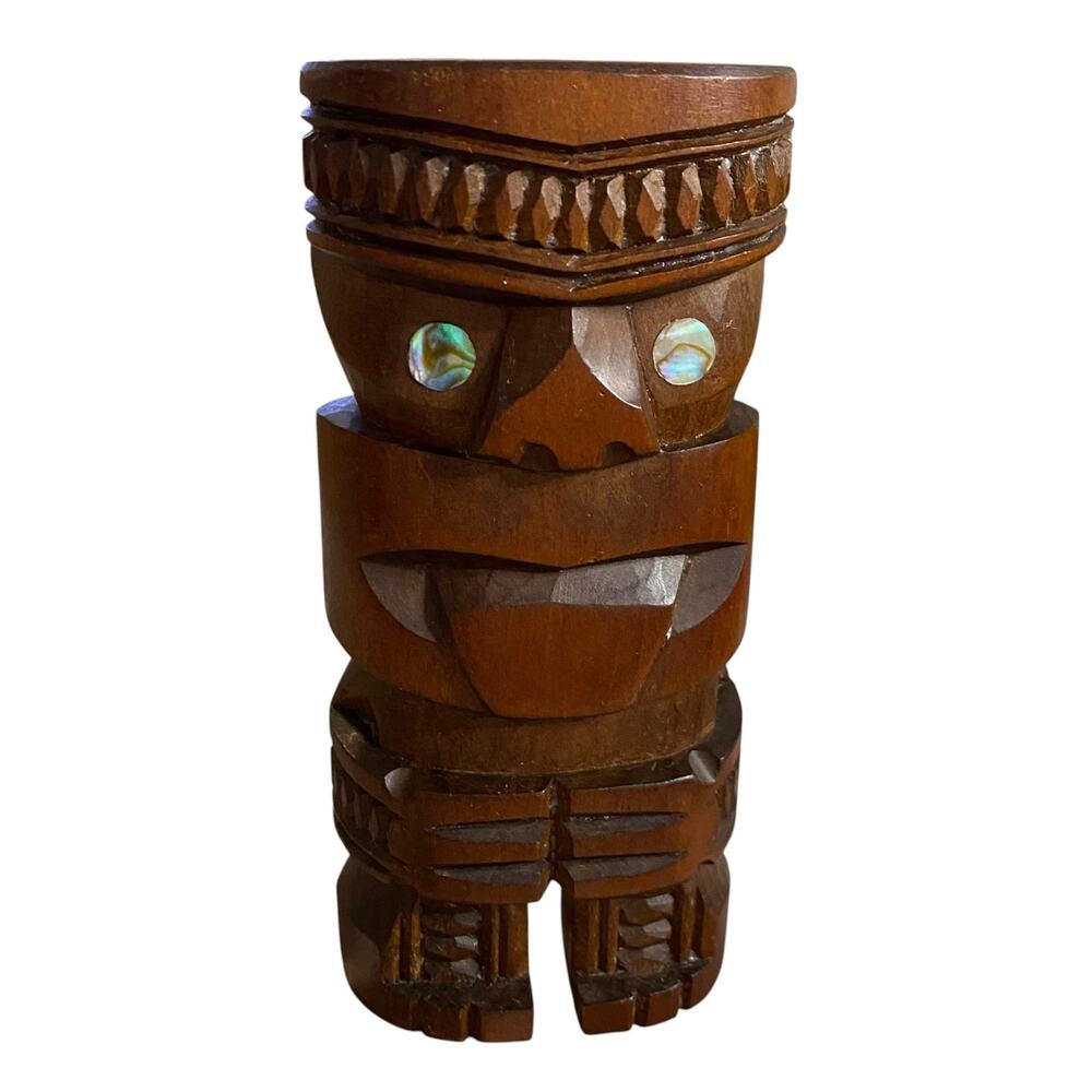 Vintage Maori Teko Wood Carved Tiki Figure New Zealand Abalone Eyes 5" Tall